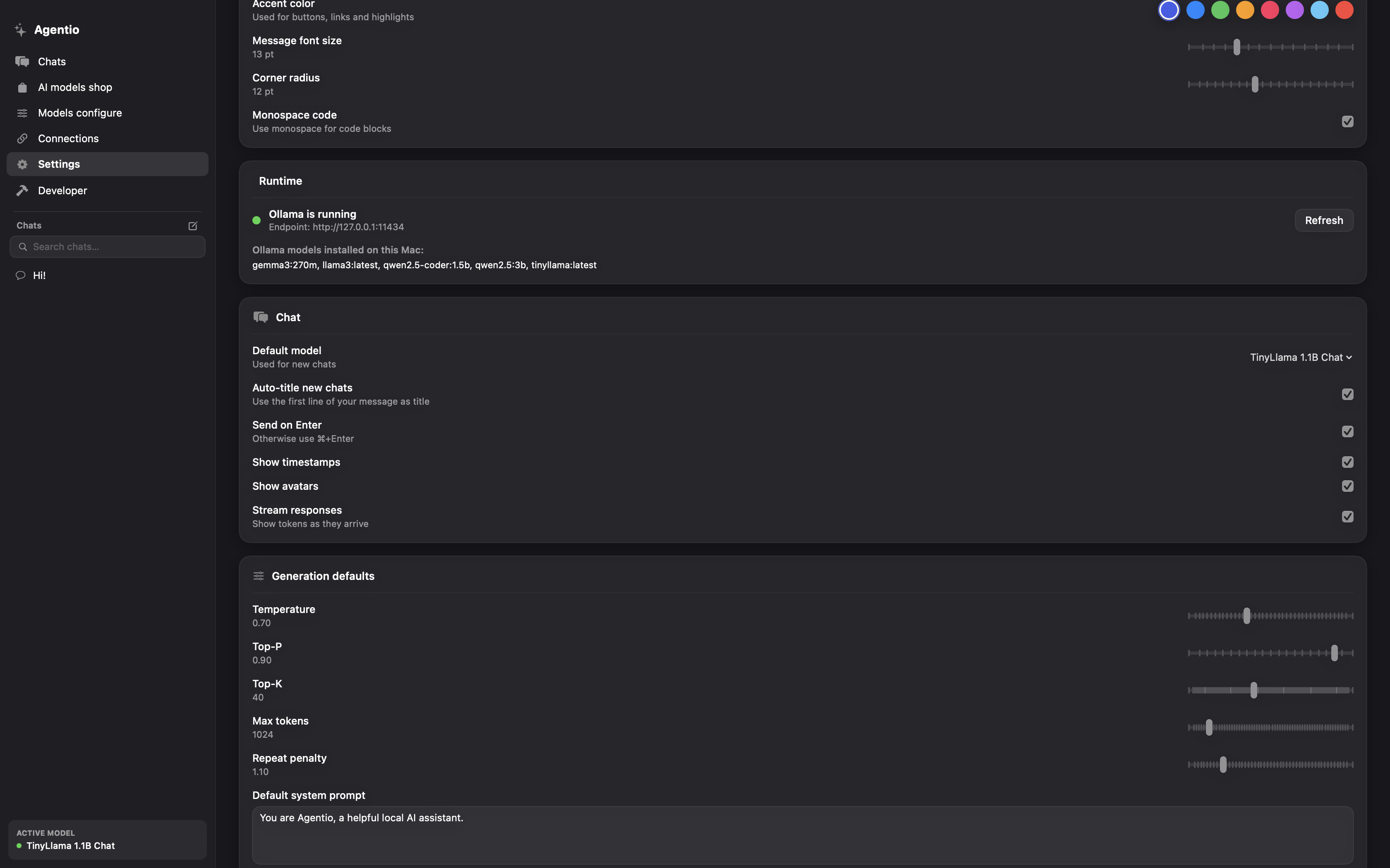 Settings in dark mode
